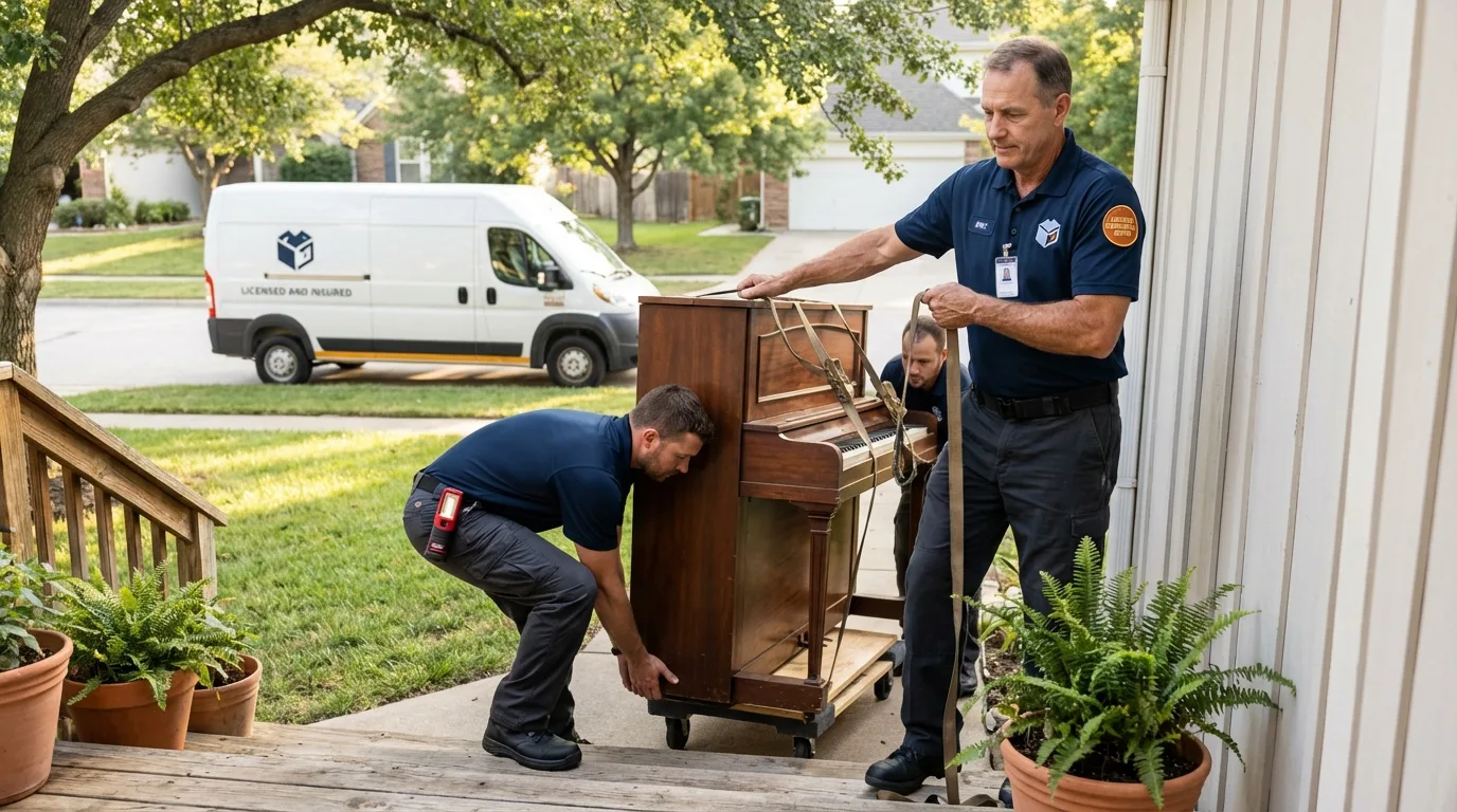 Licensed piano movers securing grand piano in La Crosse, WI