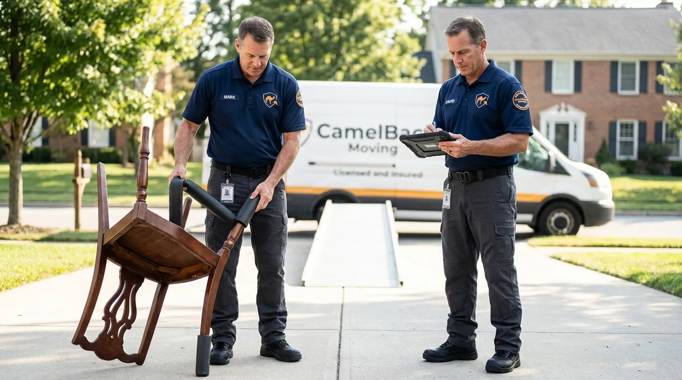 Movers inspecting furniture for damage prevention before loading in La Crosse, WI