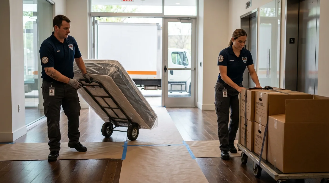 Professional apartment movers loading elevator in La Crosse, WI