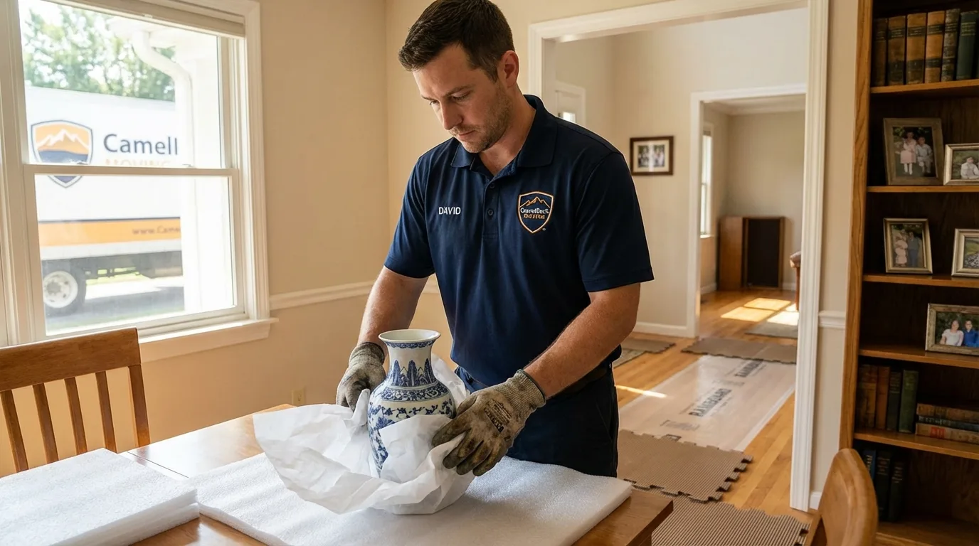 Professional crew carefully wrapping antique vase for senior downsizing move in La Crosse, WI
